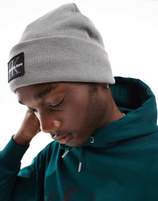 Calvin Klein monologo patch beanie in grey, 4 of 4