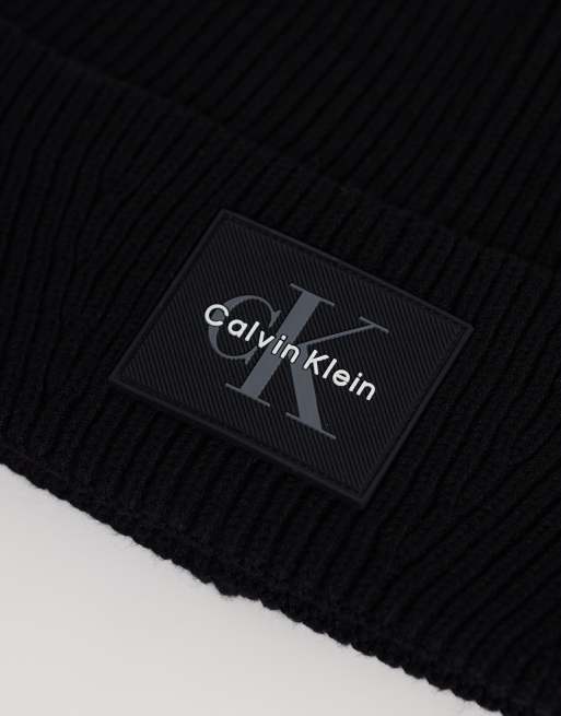 Calvin Klein monologo patch rib knit beanie in black, 3 of 3