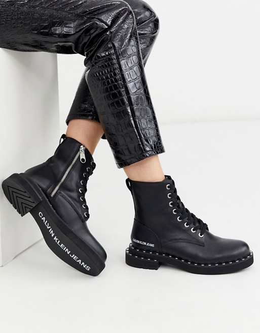 Calvin Klein Nannie studded chunky lace up ankle boots in black | ASOS