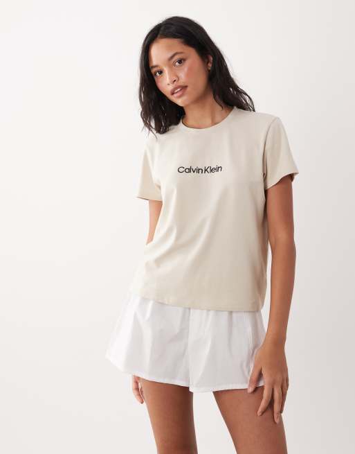 Calvin Klein – Naturvit pyjamas med t-shirt och logga, 2 av 4