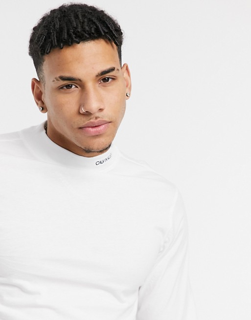 Calvin Klein neck logo high neck long sleeve top in white