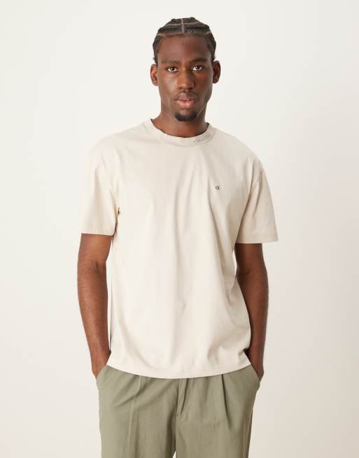 Calvin Klein neck logo T shirt in beige ASOS