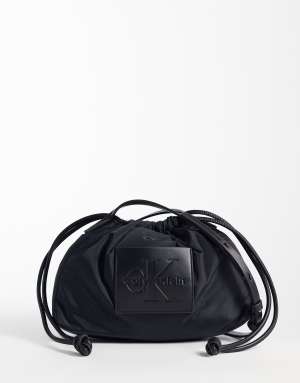 Calvin Klein nylon drawstring crossbody bag with bold logo in black