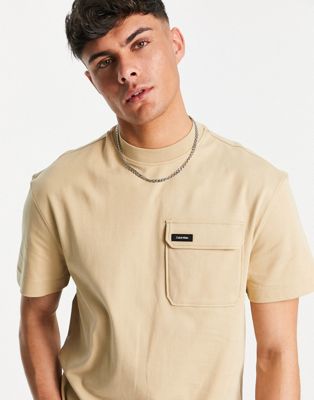 Calvin Klein cotton blend comfort t-shirt with pocket in sand - CAMEL