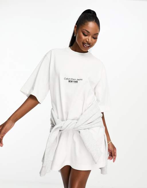 Calvin Klein oversize t shirt dress with logo in white floral print ASOS