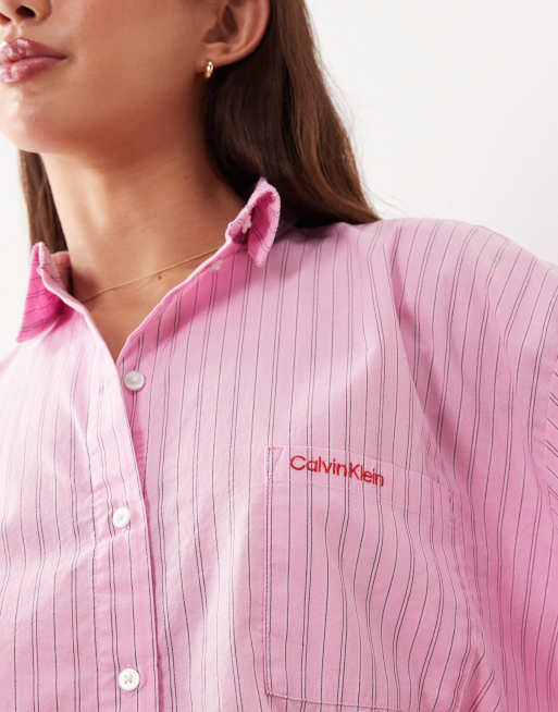 Calvin Klein pajama shirt and shorts set in pink stripes, 2 of 4