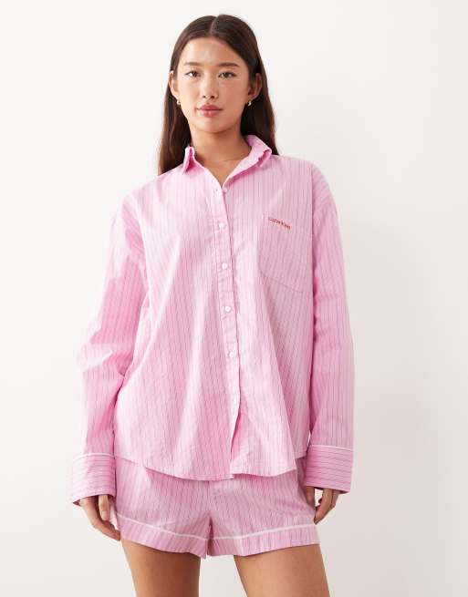 Calvin Klein pajama shirt and shorts set in pink stripes, 3 of 4