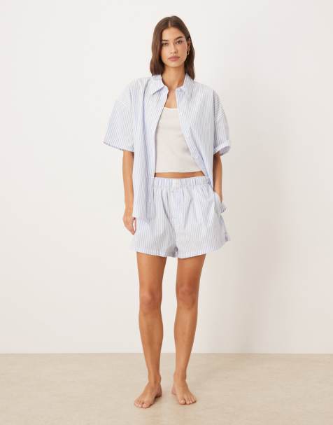 Calvin Klein - Pantaloncini in popeline blu a righe con logo - view 1