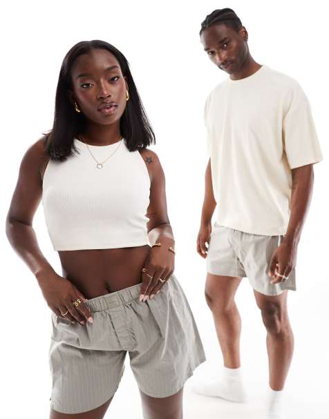 Calvin Klein - Pantaloncini stile boxer unisex in popeline di cotone slim kaki a righe - view 1
