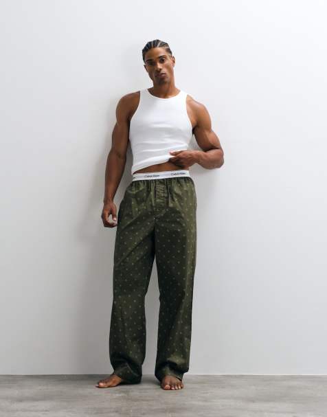 Calvin Klein pantaloni del pigiama in cotone con logo stampato all over a rombi in oliva - view 1