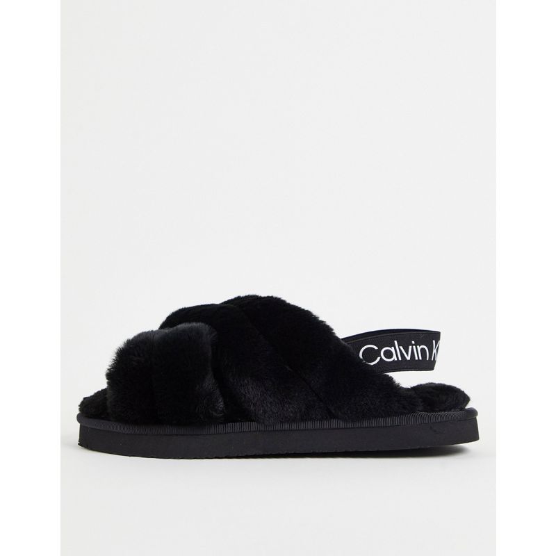 WTucy Donna Calvin Klein - Pantofole nere in pelliccia sintetica con fettuccia con logo 