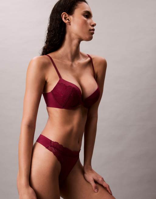 Calvin Klein perfectly fit push up plunge lace bra in burgundy, 3 of 4