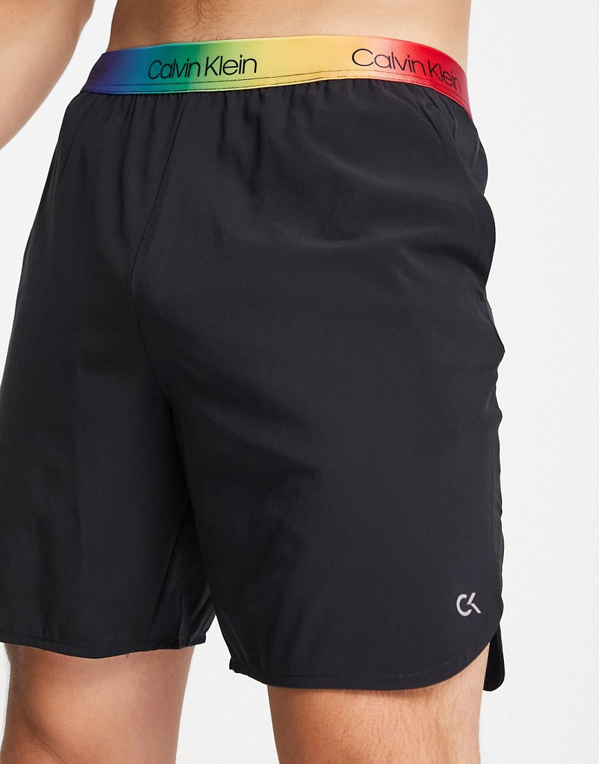 Calvin Klein Performance Pride capsule rainbow logo waistband 7 woven shorts in ck black