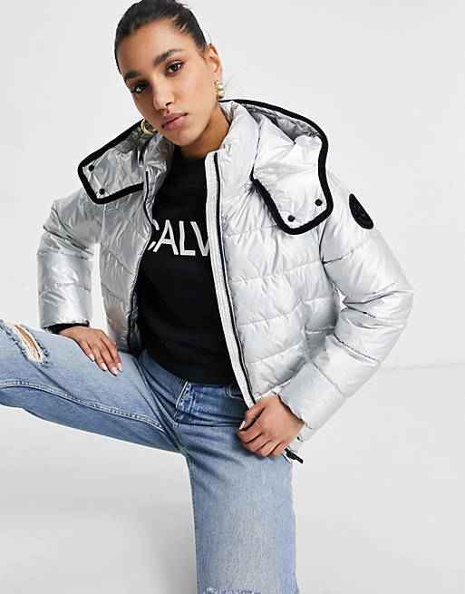 Calvin Klein Performance puffer jacket with hood in silver
