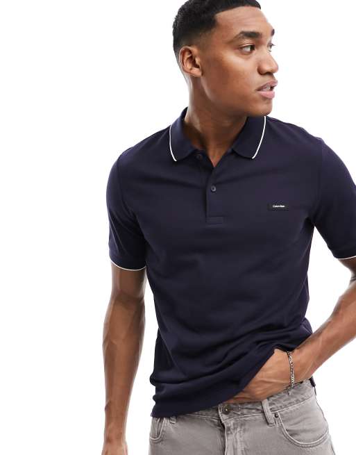 Calvin Klein - Piqué poloshirt met stretch en een gekleurd randje in nachtelijke hemel