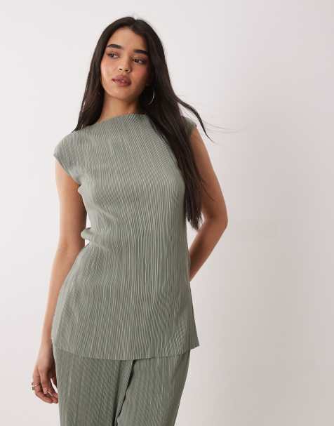 Calvin Klein plisse tunic co-ord in sage green - view 1