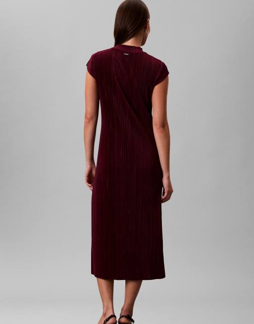 Calvin Klein – Plissiertes Midikleid in glasiertem Beerenrot, 3 von 6
