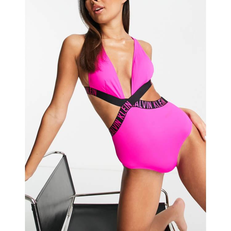 Calvin Klein plunge swimsuit in pink glo | ASOS