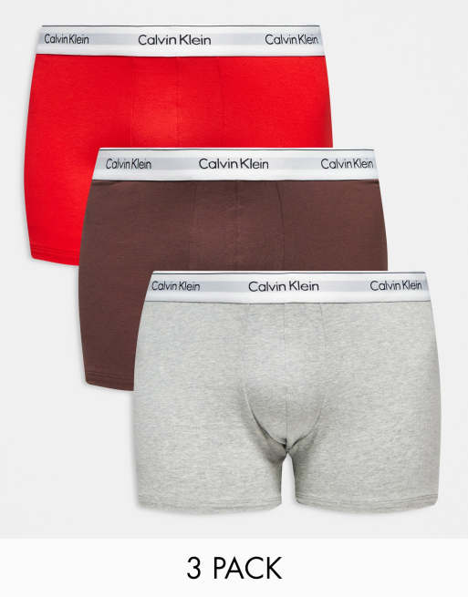 Calvin Klein Plus 3-pack trunks in grey, brown and red | ASOS