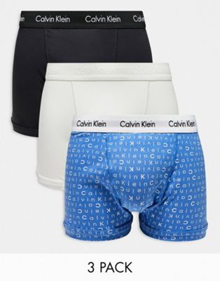 Calvin Klein Plus 3-pack trunks in printed blue, navy and grey