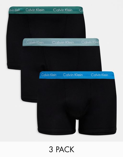 Calvin Klein Plus cotton stretch trunks 3 pack in black with colored waistband ASOS