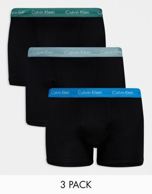 Calvin Klein Plus cotton stretch trunks 3 pack in black with coloured waistband