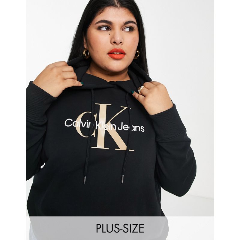  HdrHc Calvin Klein Plus - Felpa nera con cappuccio con logo a monogramma 