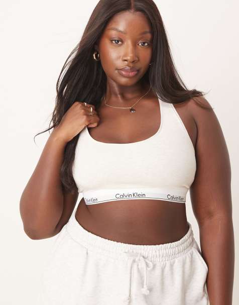 Calvin Klein Plus Modern Cotton unlined racerback bralette with logo taping in oatmeal - view 1
