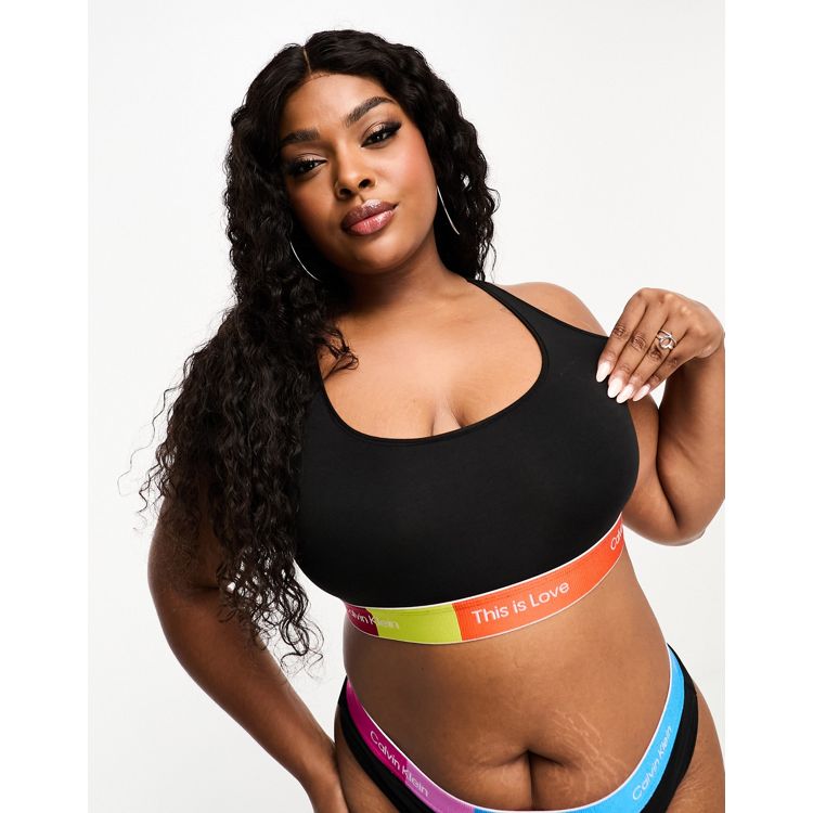 Calvin Klein plus Pride collection bralette in black with rainbow contrast