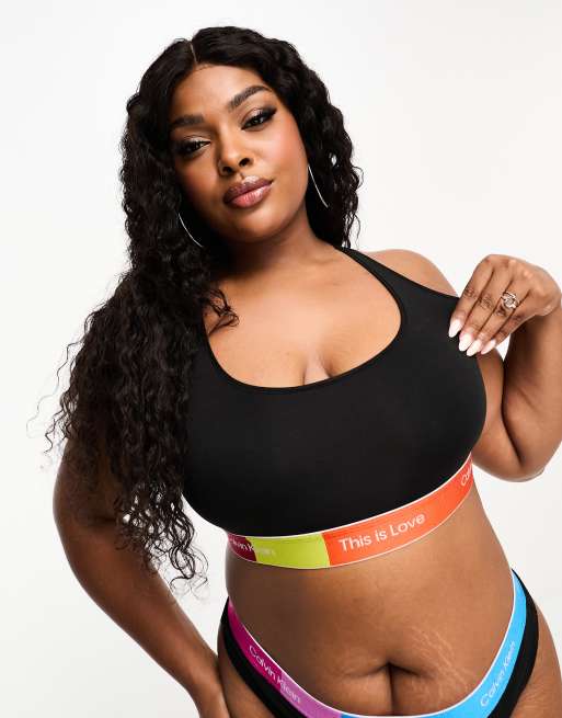 Calvin Klein plus Pride collection bralette in black with rainbow contrast