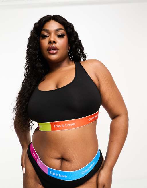 Calvin Klein plus Pride collection bralette in black with rainbow contrast