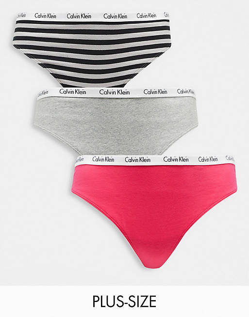 Calvin Klein Plus Size Carousel 3-pack logo thongs in pink, gray and stripe
