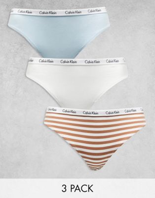 Calvin Klein Plus Size Carousel logo thong 3 pack in blue, white and beige stripe