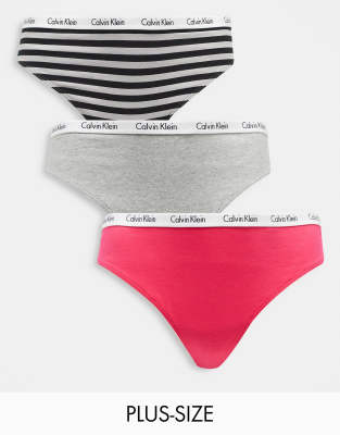 Calvin Klein Calvin Klein Plus Size Carousel logo thong 3 pack in pink grey and stripe-Multi