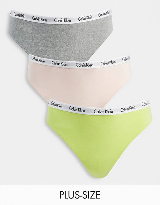 Calvin Klein Plus Size Carousel thong 3 pack in grey, coral and cyber green  | ASOS