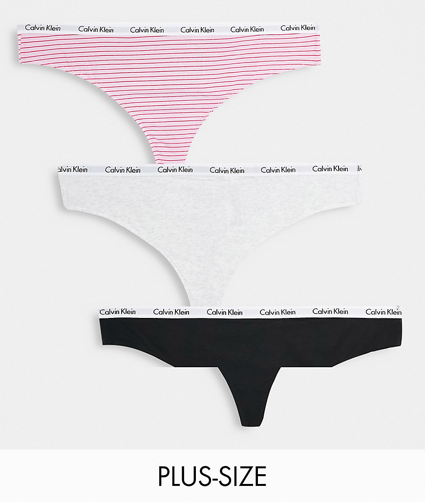 Calvin Klein Plus Size Carousel Thong 3 Pack In Pink Stripe Grey Black-Multi