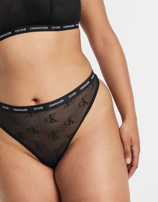 Calvin Klein Plus Size Ck One Logo Mesh Brazilian Brief in Black