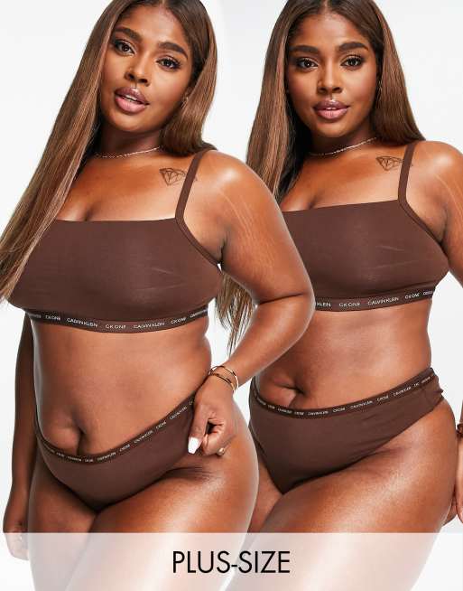 Calvin Klein Plus Size CK One logo unlined bralette 2 pack in umber ASOS