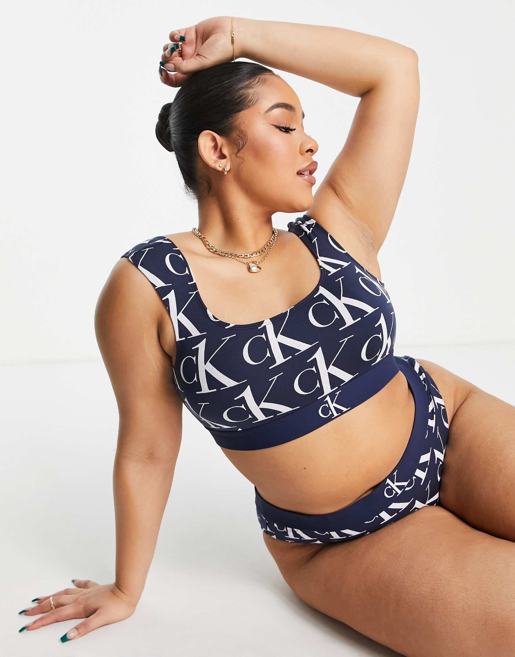 Calvin Klein Plus Size CK One Plush unlined bardot bralette in blue logo  print