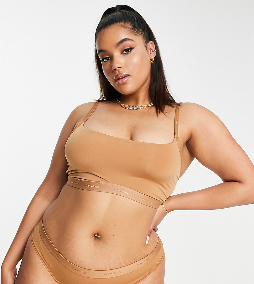 Calvin Klein Plus Size Form To Body unlined bralette bra with tonal logo in sandalwood-Neutral