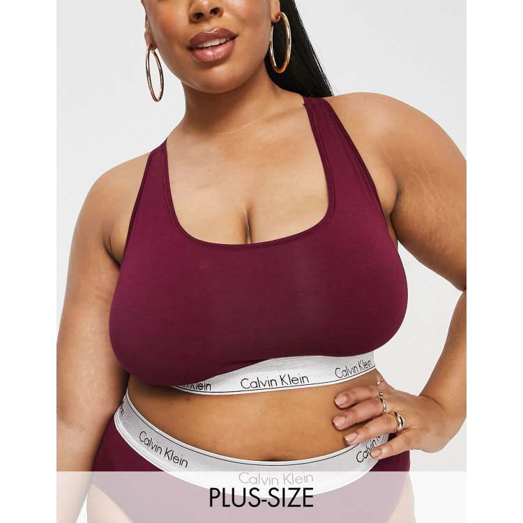 Calvin Klein Plus Size Modern Cotton bralette with metallic logo waistband in burgundy