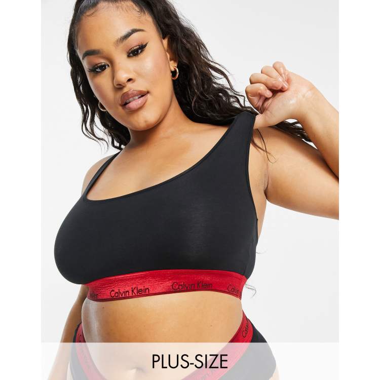 Calvin Klein Plus Size Modern Cotton bralette with red metallic logo  waistband in black