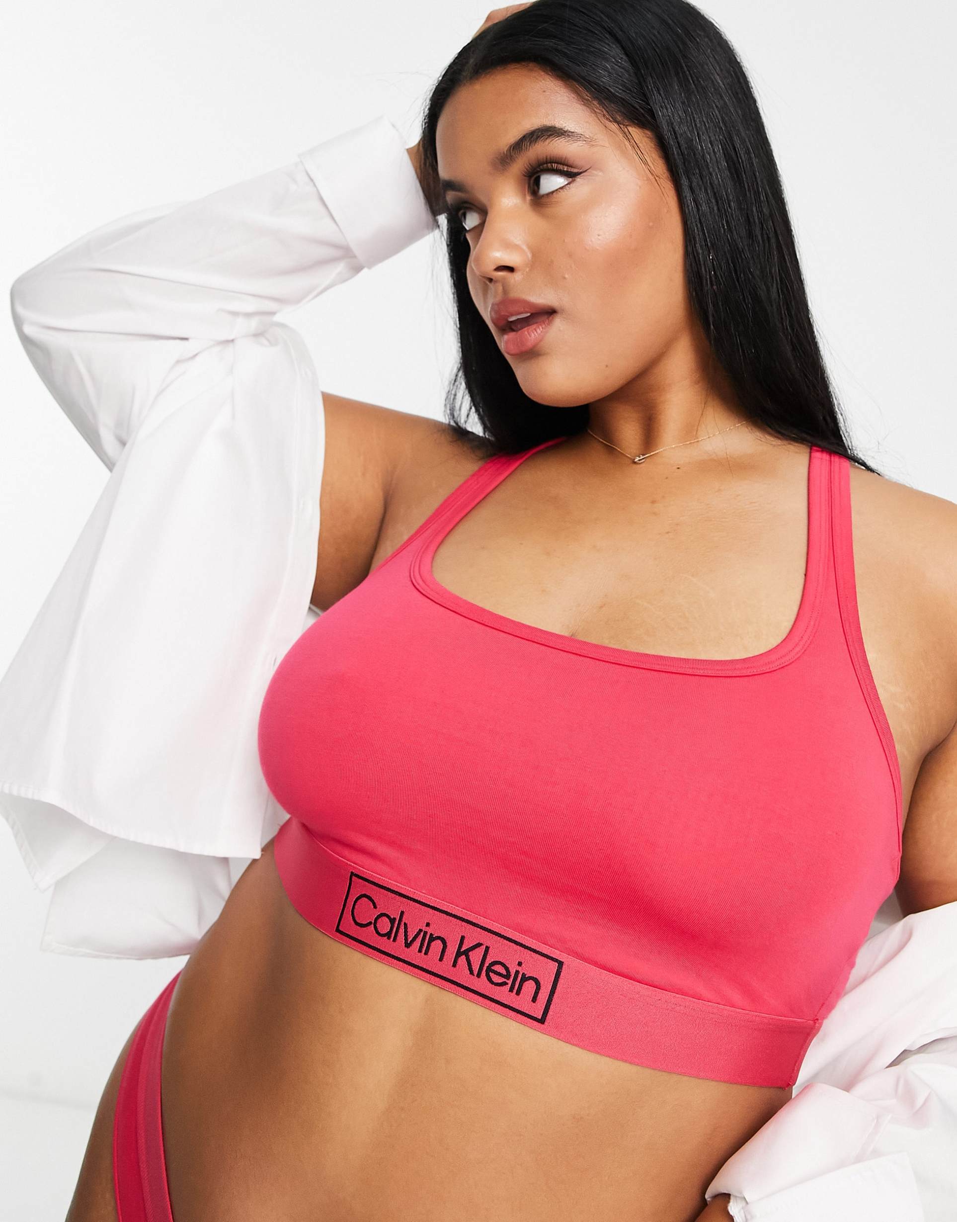 Calvin Klein Plus Size Reimagined heritage unlined crop bralette in hot pink view 4