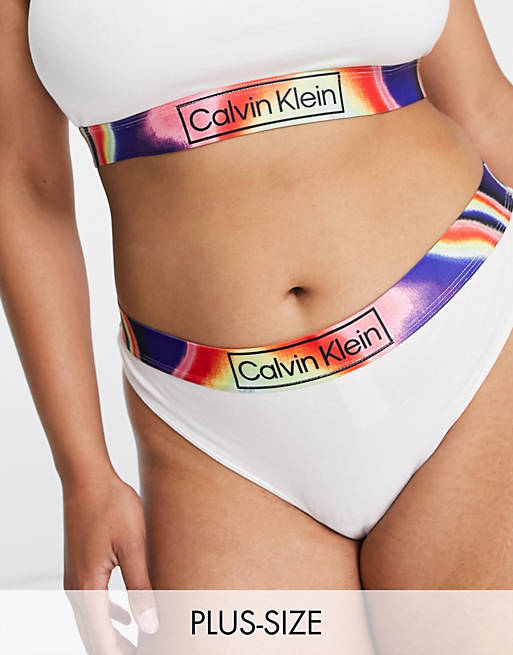 Calvin Klein Plus Size Reimagined Pride cotton blend thong in white - WHITE