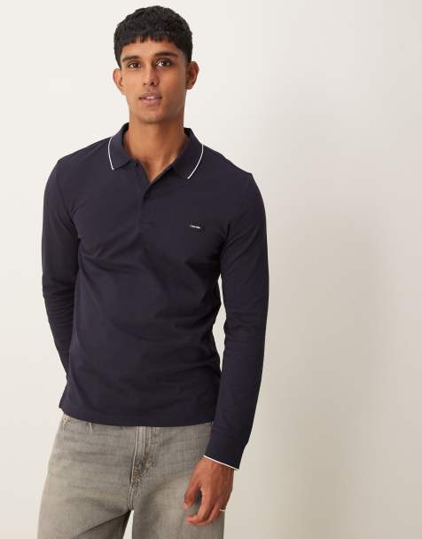 Calvin Klein - Polo a maniche lunghe in piqué elasticizzato blu navy con bordi a contrasto - view 1
