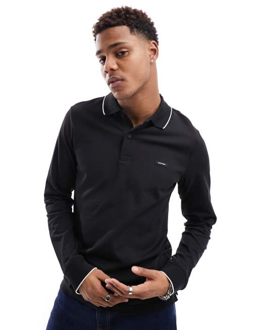 Calvin Klein Polo a maniche lunghe in pique elasticizzato nero con bordi a contrasto ASOS