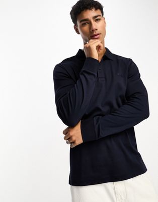 Calvin Klein smooth cotton slim long sleeve polo shirt in navy - ASOS Price Checker
