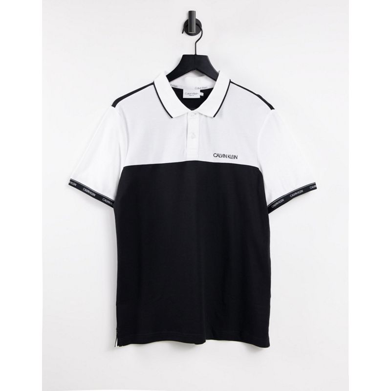  aCS36 Calvin Klein - Polo bianca e nera colorblock con riga con logo sul bordo