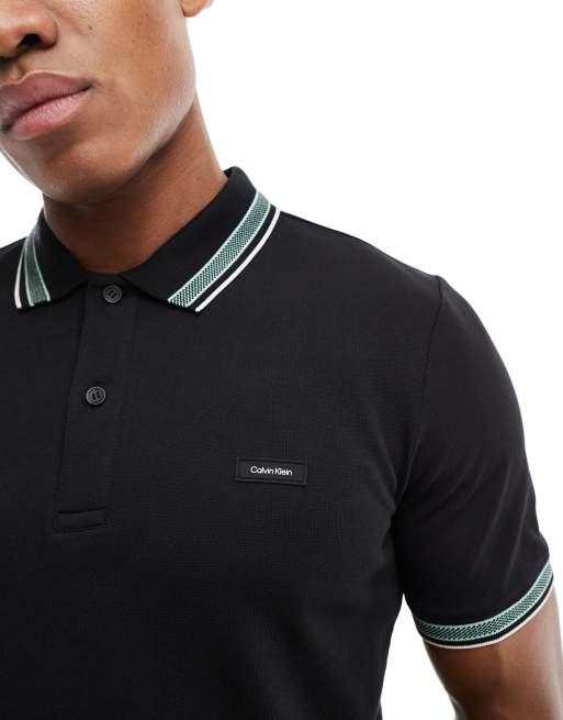 Calvin Klein - Polo in piqué stretch nera con bordi a contrasto, 3 di 4