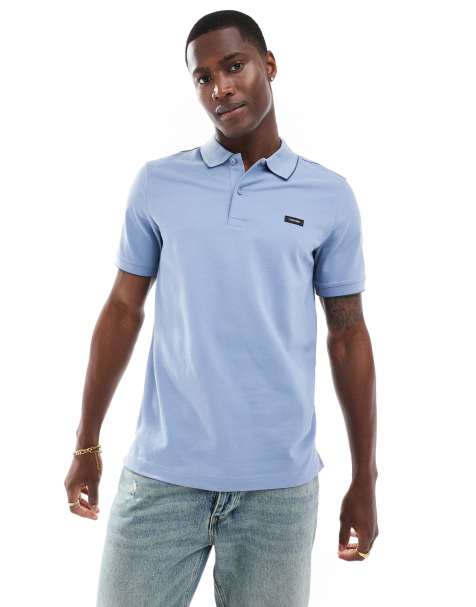 Calvin Klein – Poloshirt aus Stretch-Pikee in Blau mit Zierstreifen - view 1